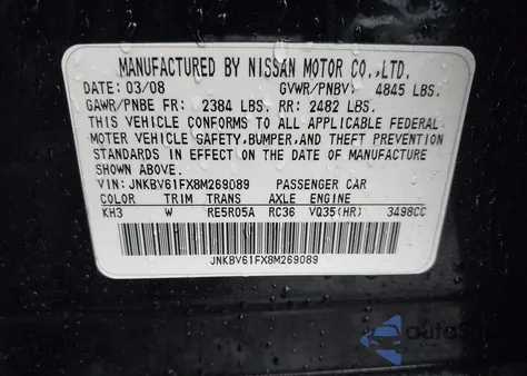 2008 Infiniti G35X z USA, uszkodzony, nr VIN JNKBV61FX8M269089